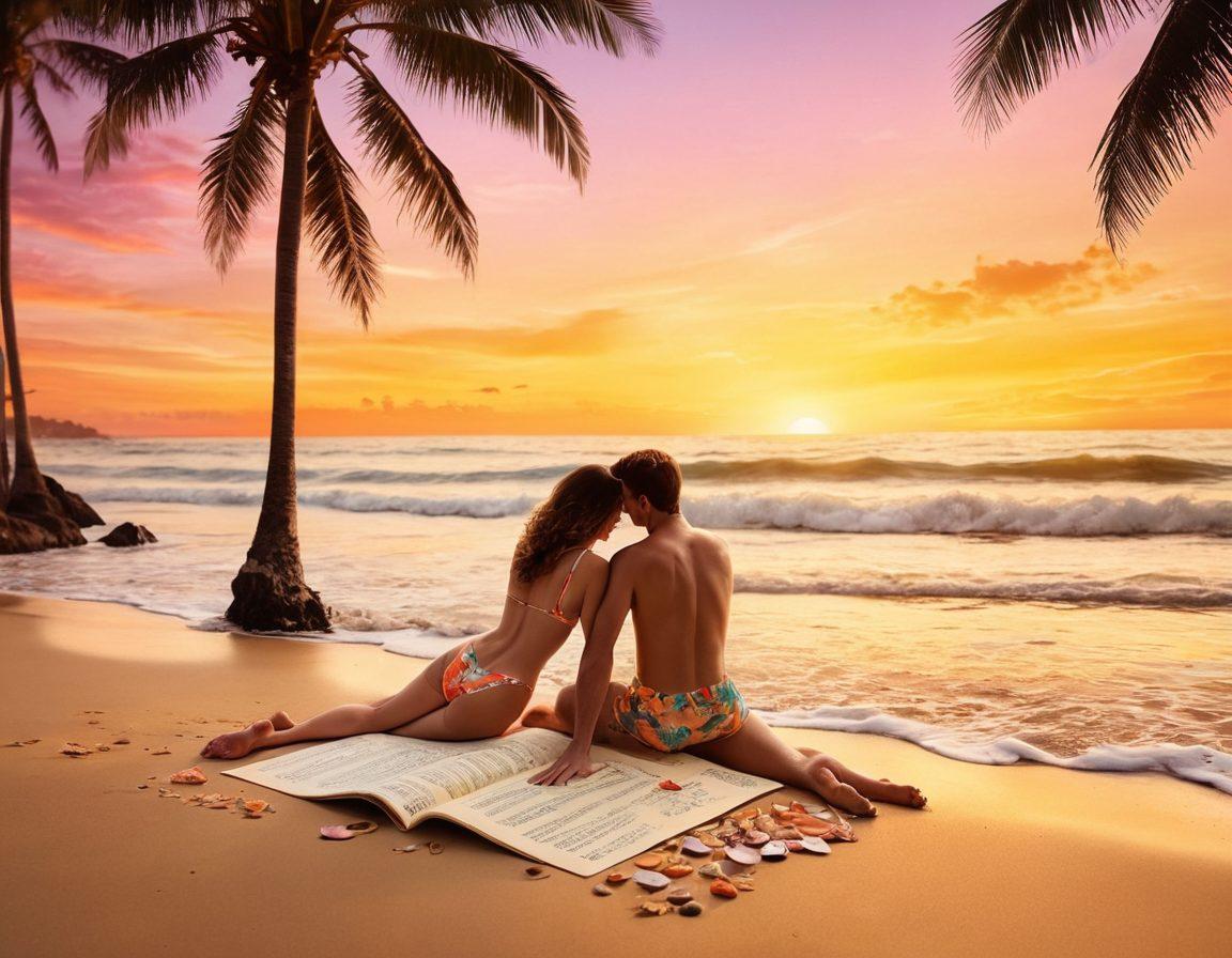 A dreamy beach scene featuring a romantic couple, wrapped in vibrant, flowing swimwear that reflects vintage love letters and nostalgia. The background showcases a sunset casting soft golden hues over gentle waves, creating a serene atmosphere. Lush palm trees sway lightly, and scattered seashells add a whimsical touch to the sandy foreground. Incorporate elements of forbidden romance through subtle hints of hidden treasures like a locked diary and a secret love note. vibrant colors. super-realistic. sunset lighting.